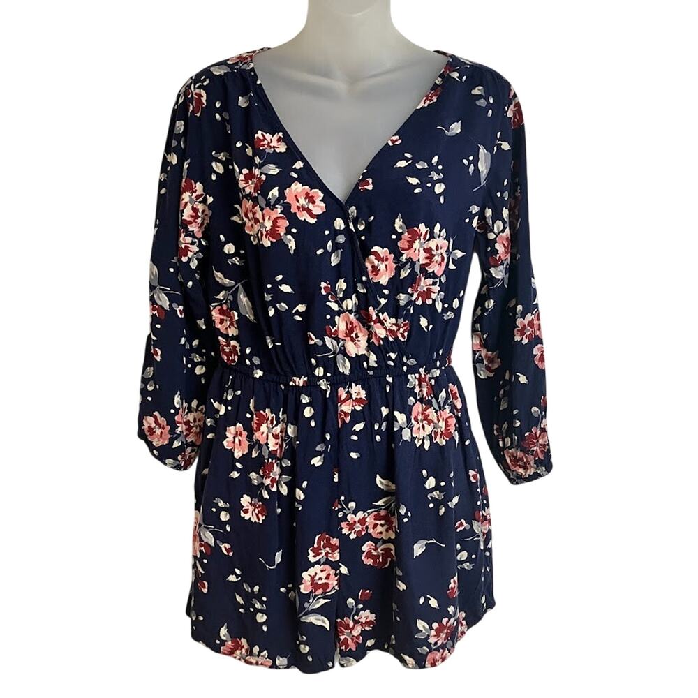 Cape Juby Floral Romper 3/4 Sleeve Navy Blue Pink Floral Short Jumper Size M